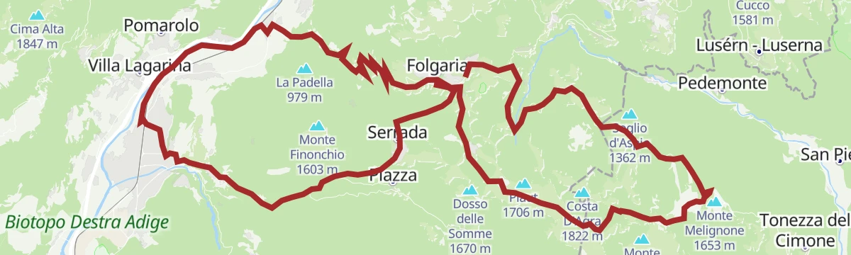 Route map: Folgaria - Serrada - Terragnolo - Rovereto - Calliano - Passo Coe - Fiorentini